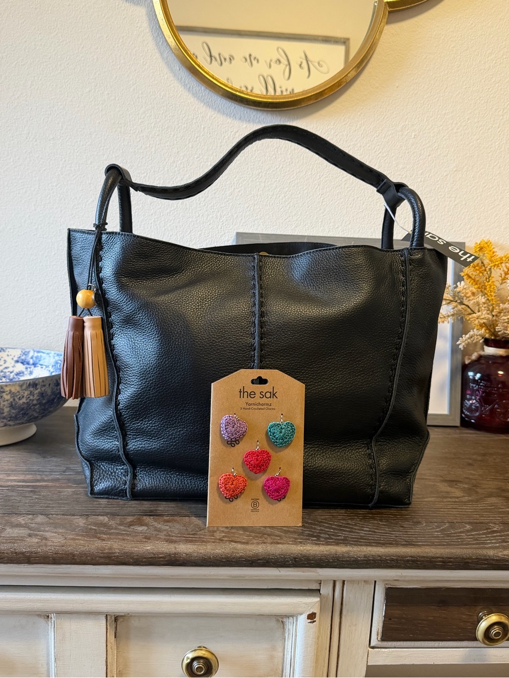 The Sak Los Feliz Leather LARGE Tote with Tassel Charm and Heart Keychains